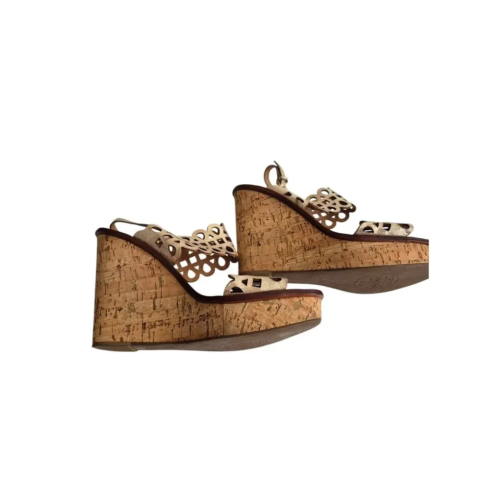 Tory Burch Nori Metallic‎ Gold Leather Platform Cork Wedge Sandals 10.5 M Glam
